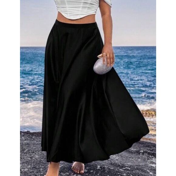 Shien Curve Long Black Silky Skirt Sz 3XL Flowy Side Seam Zipper Plus Size - Picture 10 of 10